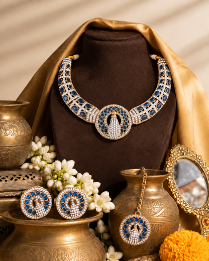 Blue Aishwarya Peacock Designer Necklace with Earring and Teeka