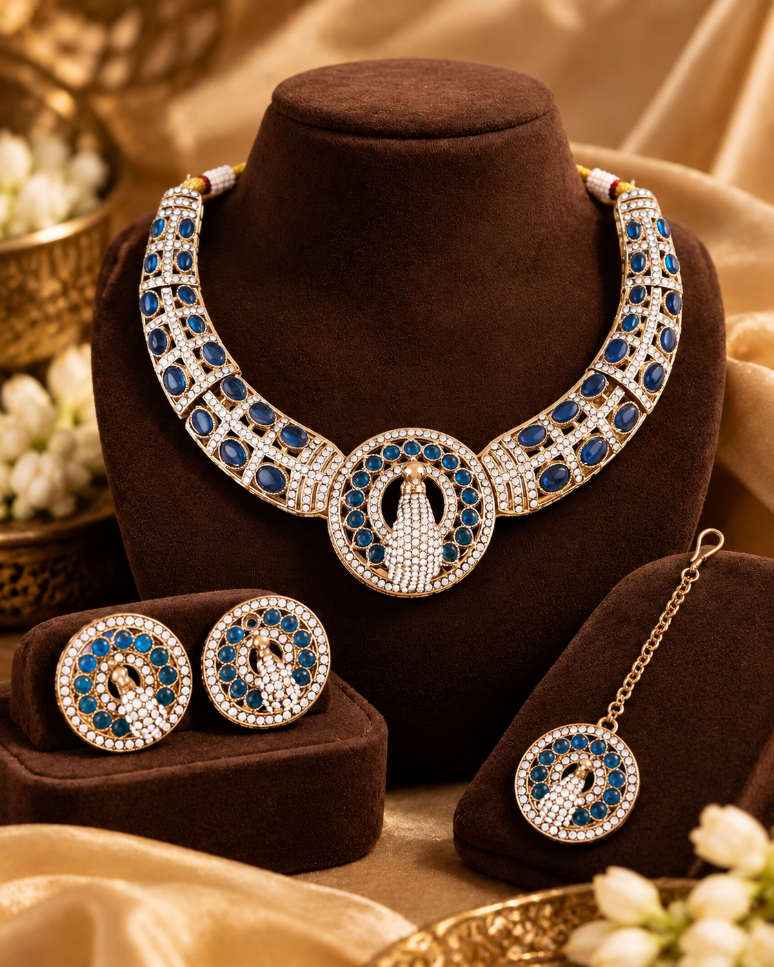 Blue Aishwarya Peacock Designer Necklace with Earring and Teeka