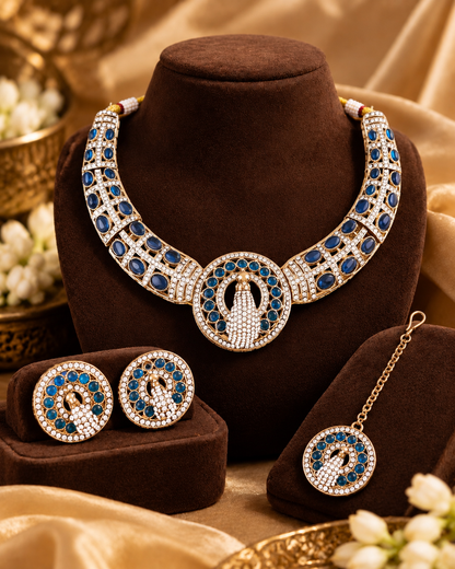 Blue Aishwarya Peacock Designer Necklace with Earring and Teeka