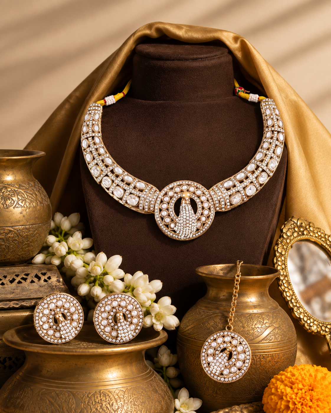 White Aishwarya Peacock Designer Necklace with Earring and Teeka