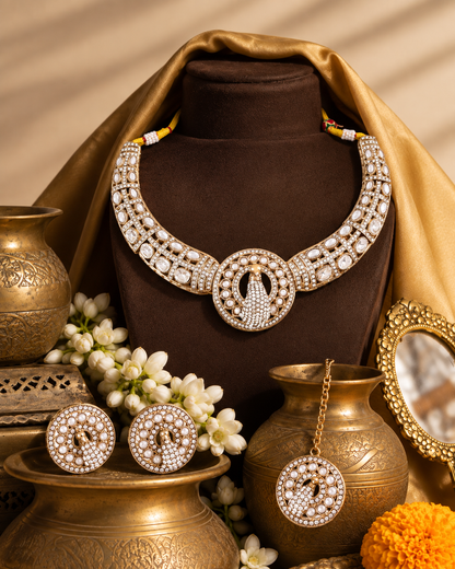 White Aishwarya Peacock Designer Necklace with Earring and Teeka