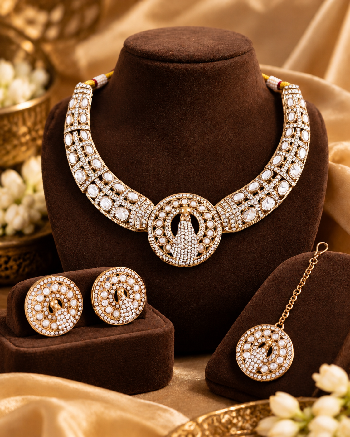 White Aishwarya Peacock Designer Necklace with Earring and Teeka