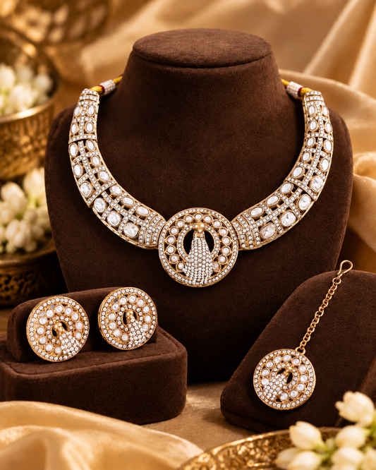 White Aishwarya Peacock Designer Necklace with Earring and Teeka