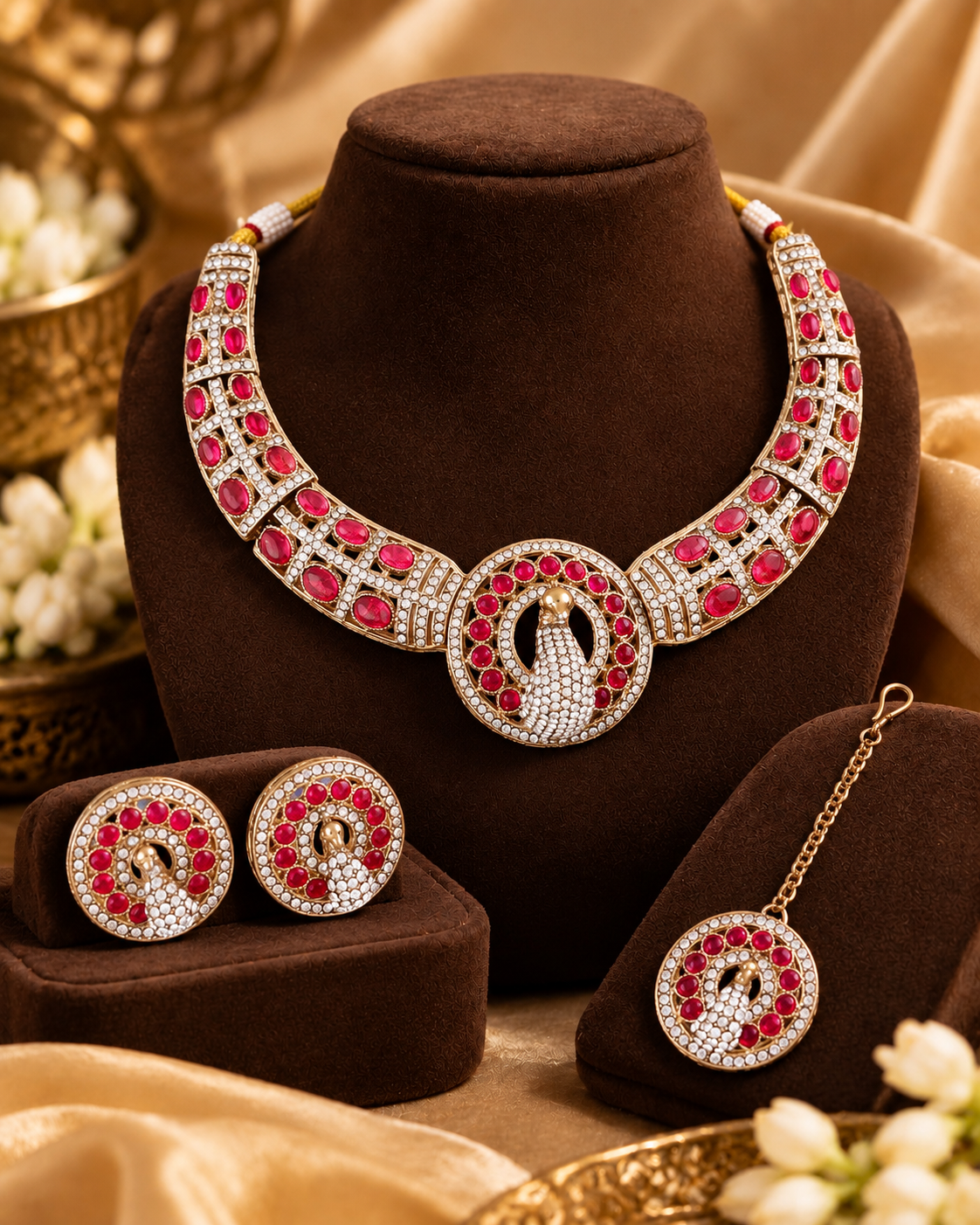 Red Aishwarya Peacock Designer Necklace with Earring and Teeka