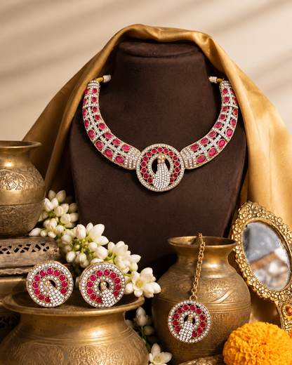 Red Aishwarya Peacock Designer Necklace with Earring and Teeka