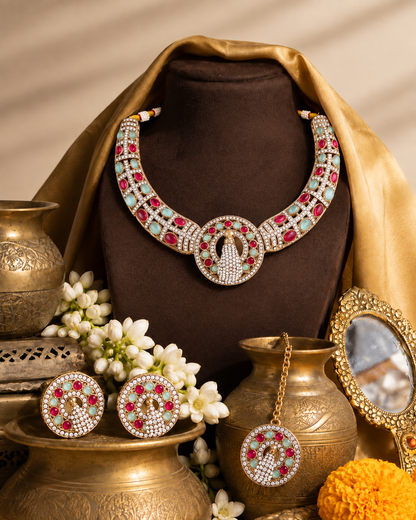 Ruby Mint Aishwarya Peacock Designer Necklace with Earring and Teeka