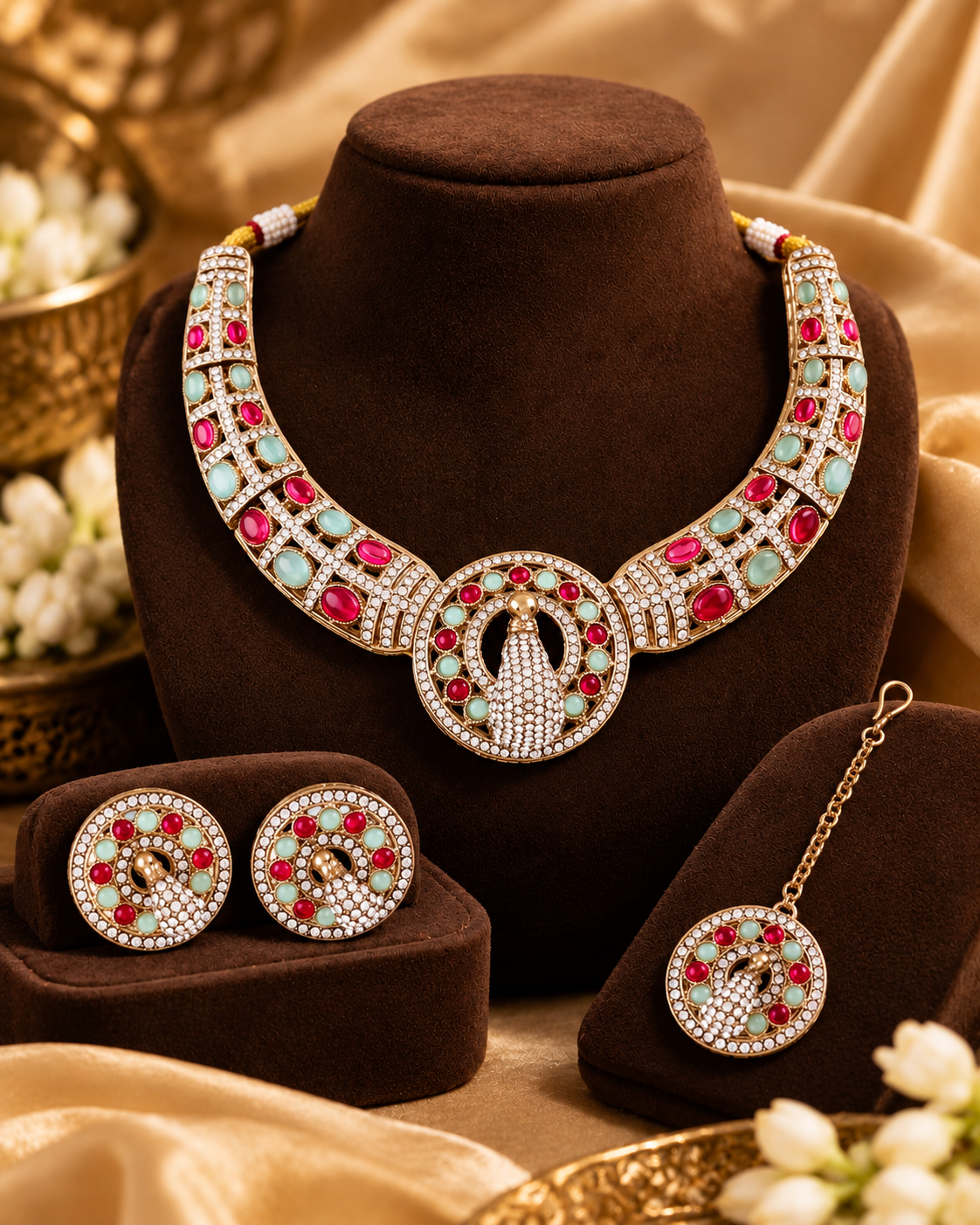 Ruby Mint Aishwarya Peacock Designer Necklace with Earring and Teeka