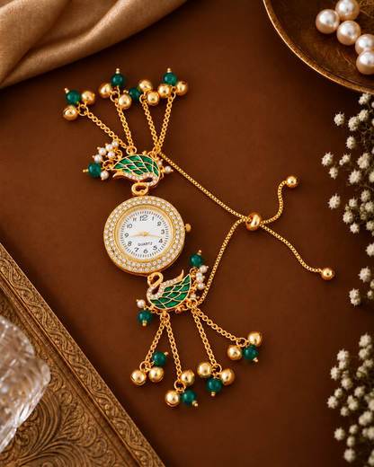 Green Taziq Heritage Kashmiri Ethnic Ghungroo Bracelet Watch for Women
