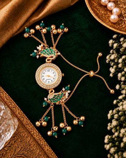 Green Taziq Heritage Kashmiri Ethnic Ghungroo Bracelet Watch for Women