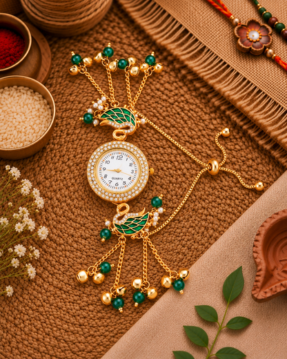 Green Taziq Heritage Kashmiri Ethnic Ghungroo Bracelet Watch for Women