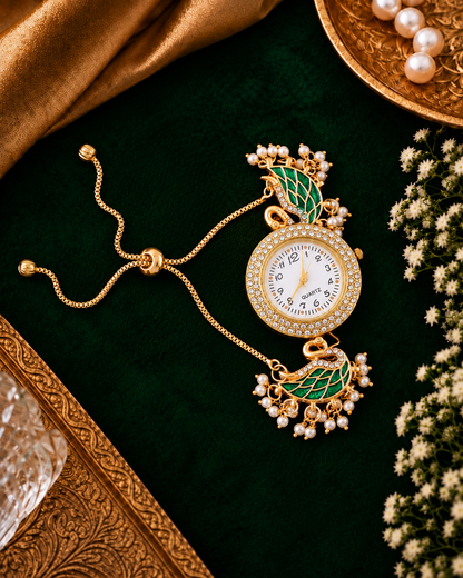 Green Huzaif Heritage Kashmiri Ethnic Bracelet Watch for Women