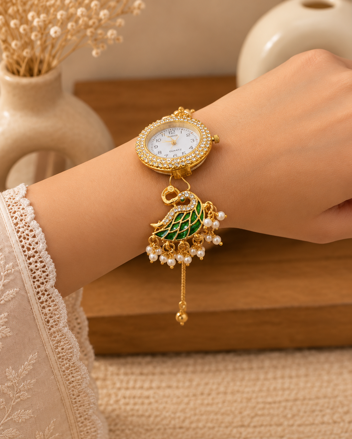 Green Huzaif Heritage Kashmiri Ethnic Bracelet Watch for Women