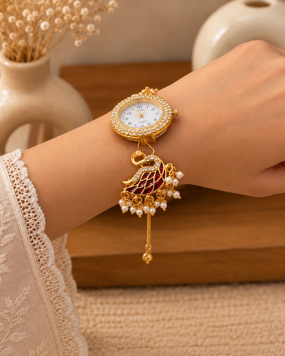 Red Huzaif Heritage Kashmiri Ethnic Bracelet Watch for Women