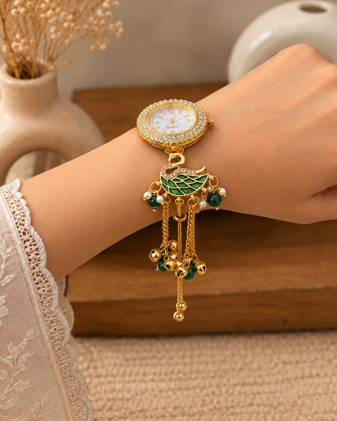 Green Taziq Heritage Kashmiri Ethnic Ghungroo Bracelet Watch for Women