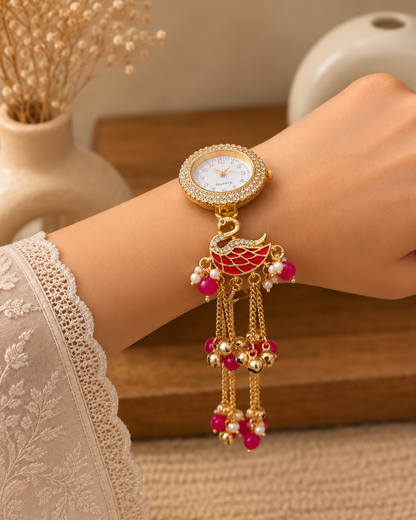 Pink Taziq Heritage Kashmiri Ethnic Ghungroo Bracelet Watch for Women