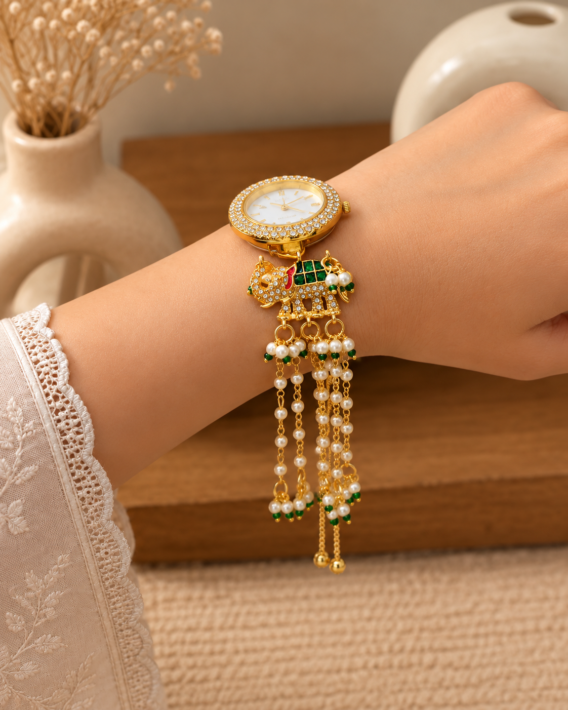 Green Areeb Heritage Kashmiri Ethnic Bracelet Watch for Women