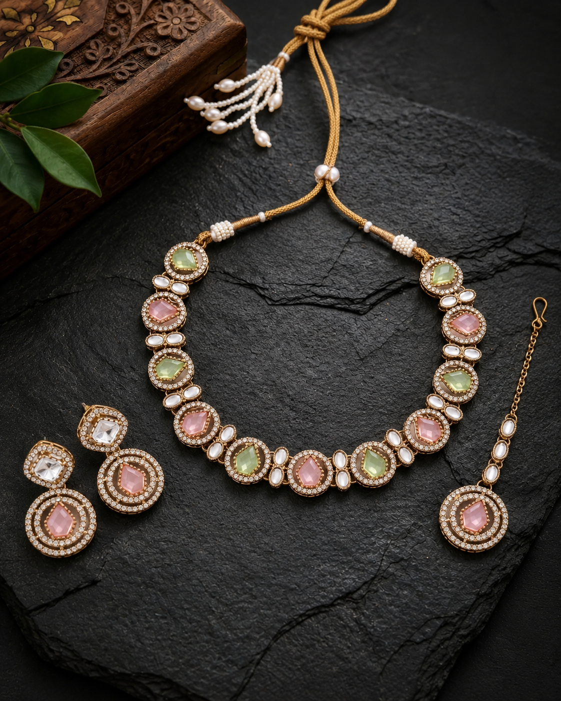 Pastel Sairee Polki Dupe Necklace with Earring and Teeka