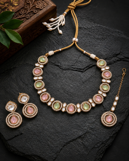 Pastel Sairee Polki Dupe Necklace with Earring and Teeka