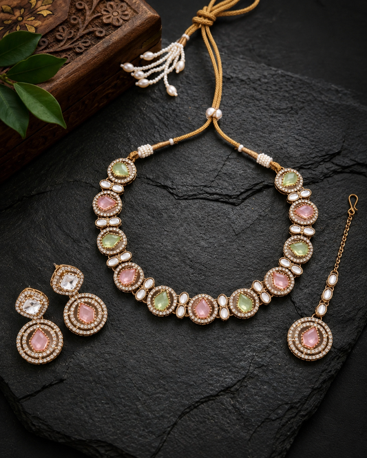 Pastel Sairee Polki Dupe Necklace with Earring and Teeka