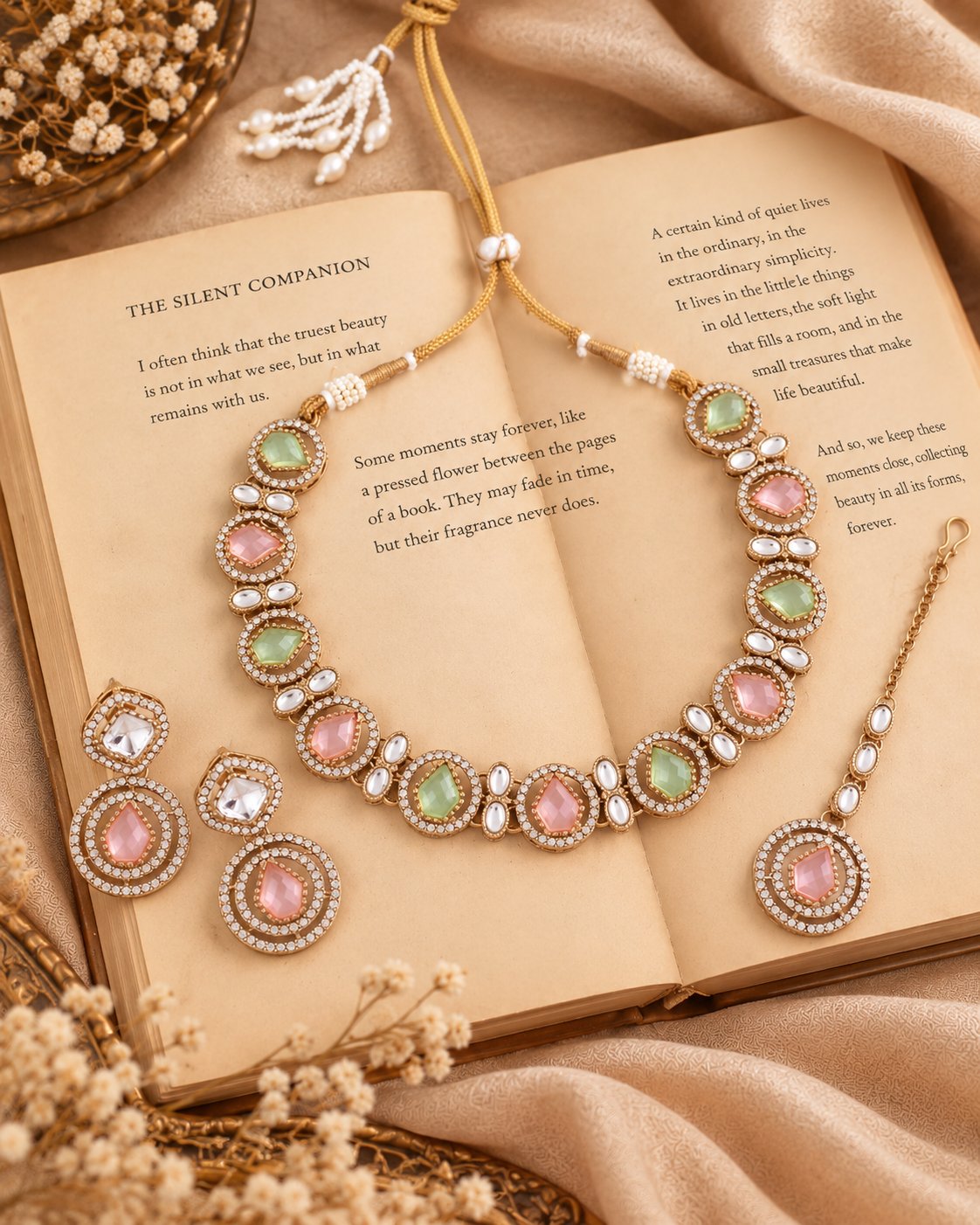 Pastel Sairee Polki Dupe Necklace with Earring and Teeka