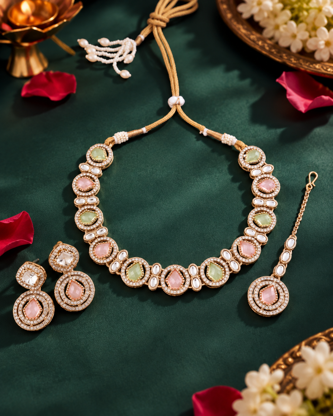 Pastel Sairee Polki Dupe Necklace with Earring and Teeka