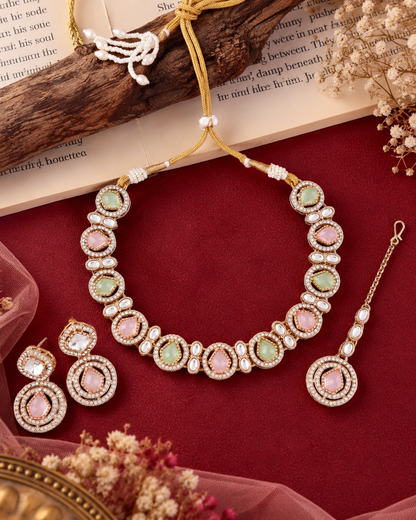 Pastel Sairee Polki Dupe Necklace with Earring and Teeka