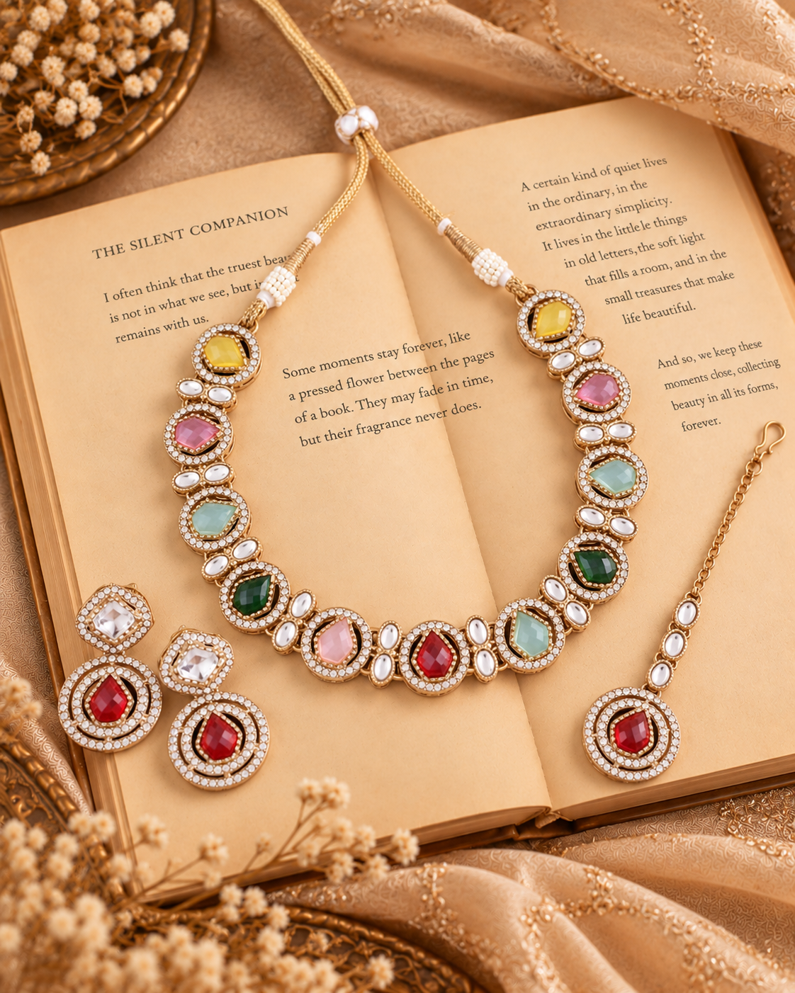 Multi Sairee Polki Dupe Necklace with Earring and Teeka