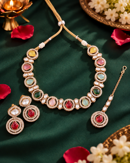 Multi Sairee Polki Dupe Necklace with Earring and Teeka