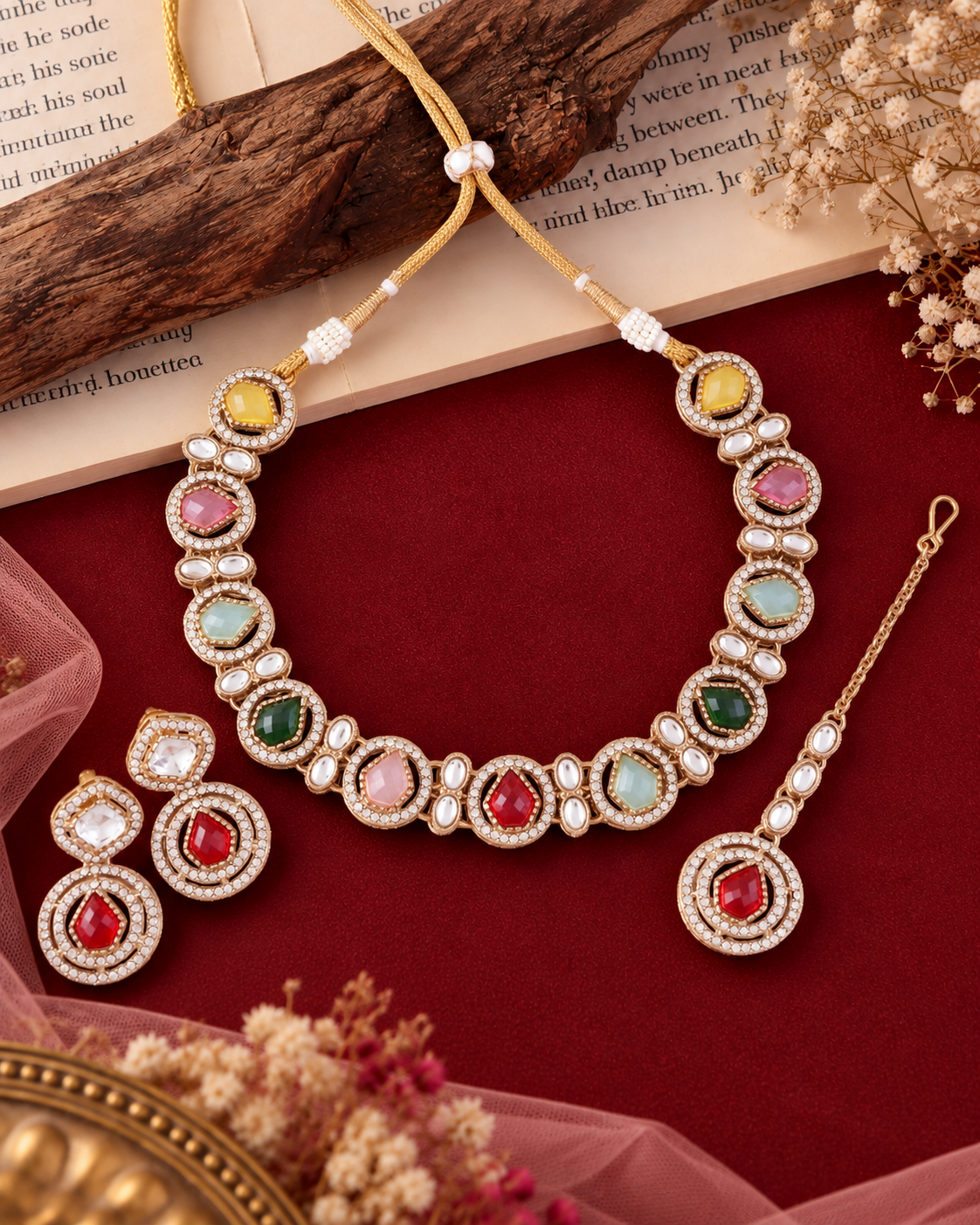 Multi Sairee Polki Dupe Necklace with Earring and Teeka