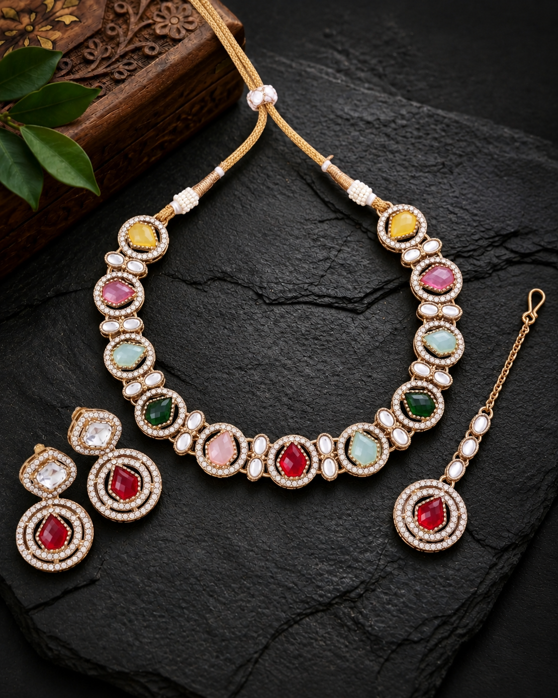 Multi Sairee Polki Dupe Necklace with Earring and Teeka