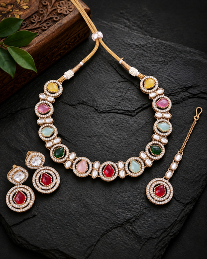 Multi Sairee Polki Dupe Necklace with Earring and Teeka