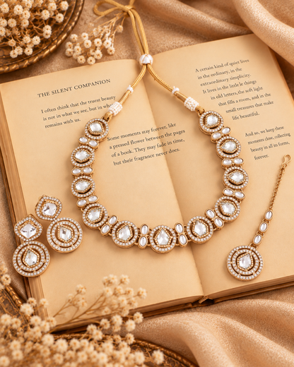 White Sairee Polki Dupe Necklace with Earring and Teeka