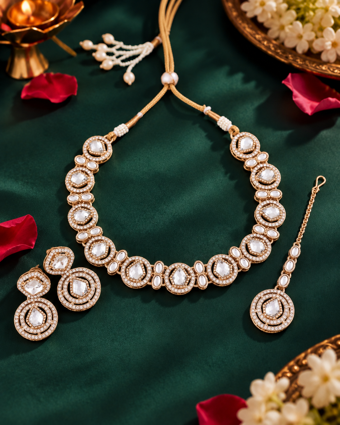 White Sairee Polki Dupe Necklace with Earring and Teeka