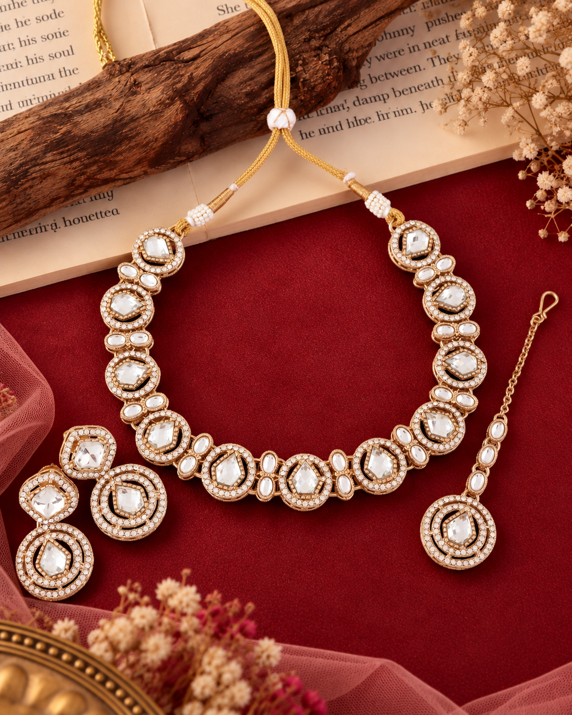 White Sairee Polki Dupe Necklace with Earring and Teeka