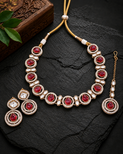 Red Sairee Polki Dupe Necklace with Earring and Teeka