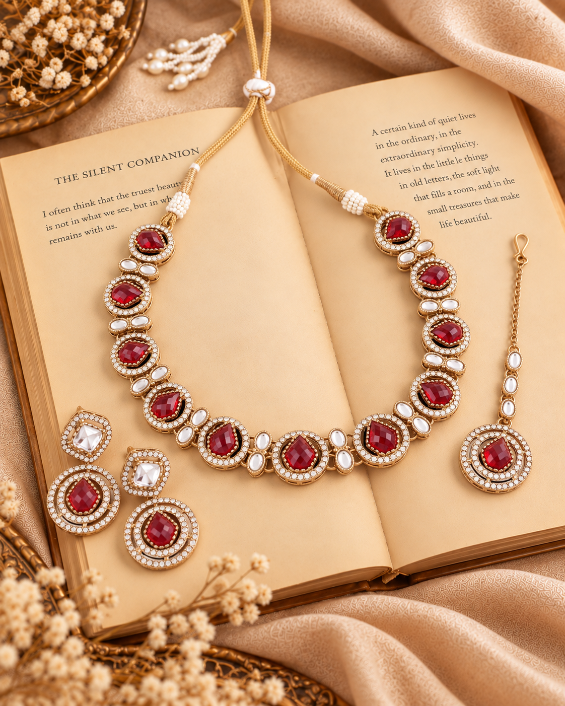Red Sairee Polki Dupe Necklace with Earring and Teeka