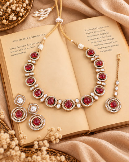 Red Sairee Polki Dupe Necklace with Earring and Teeka