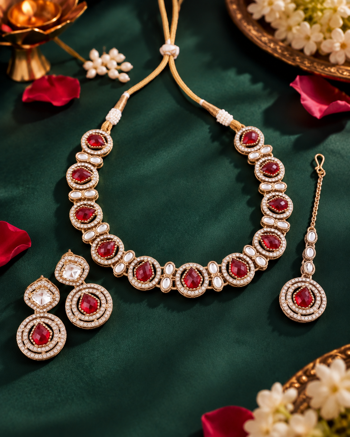 Red Sairee Polki Dupe Necklace with Earring and Teeka