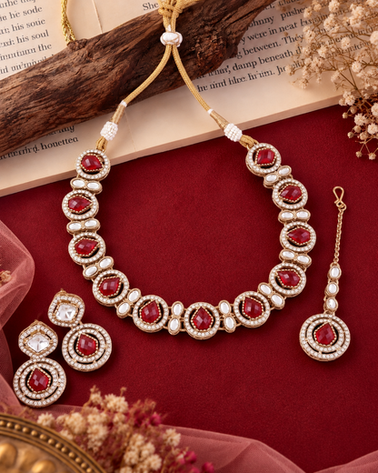 Red Sairee Polki Dupe Necklace with Earring and Teeka
