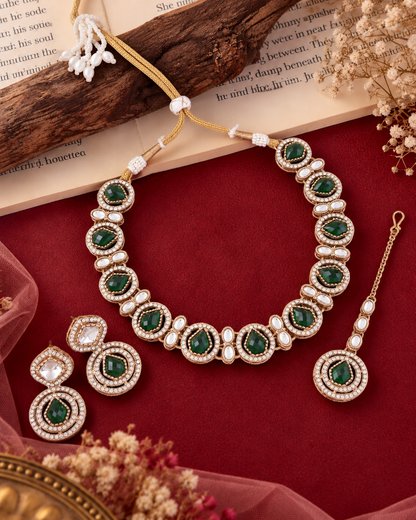 Emerald Sairee Polki Dupe Necklace with Earring and Teeka