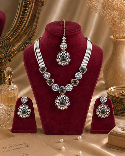 Emerald Jasneet Premium Zircone Polki Dupe Necklace Set With Earrings & Teeka