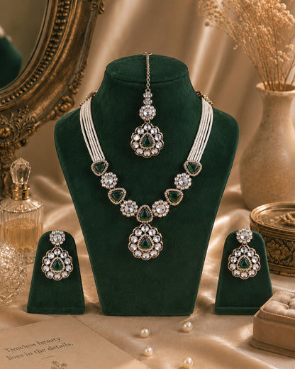 Emerald Jasneet Premium Zircone Polki Dupe Necklace Set With Earrings & Teeka