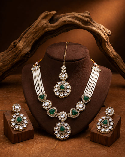 Emerald Jasneet Premium Zircone Polki Dupe Necklace Set With Earrings & Teeka