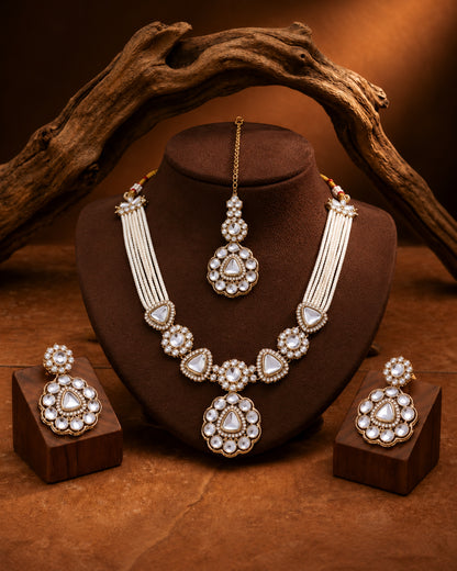 White Jasneet Premium Zircone Polki Dupe Necklace Set With Earrings & Teeka