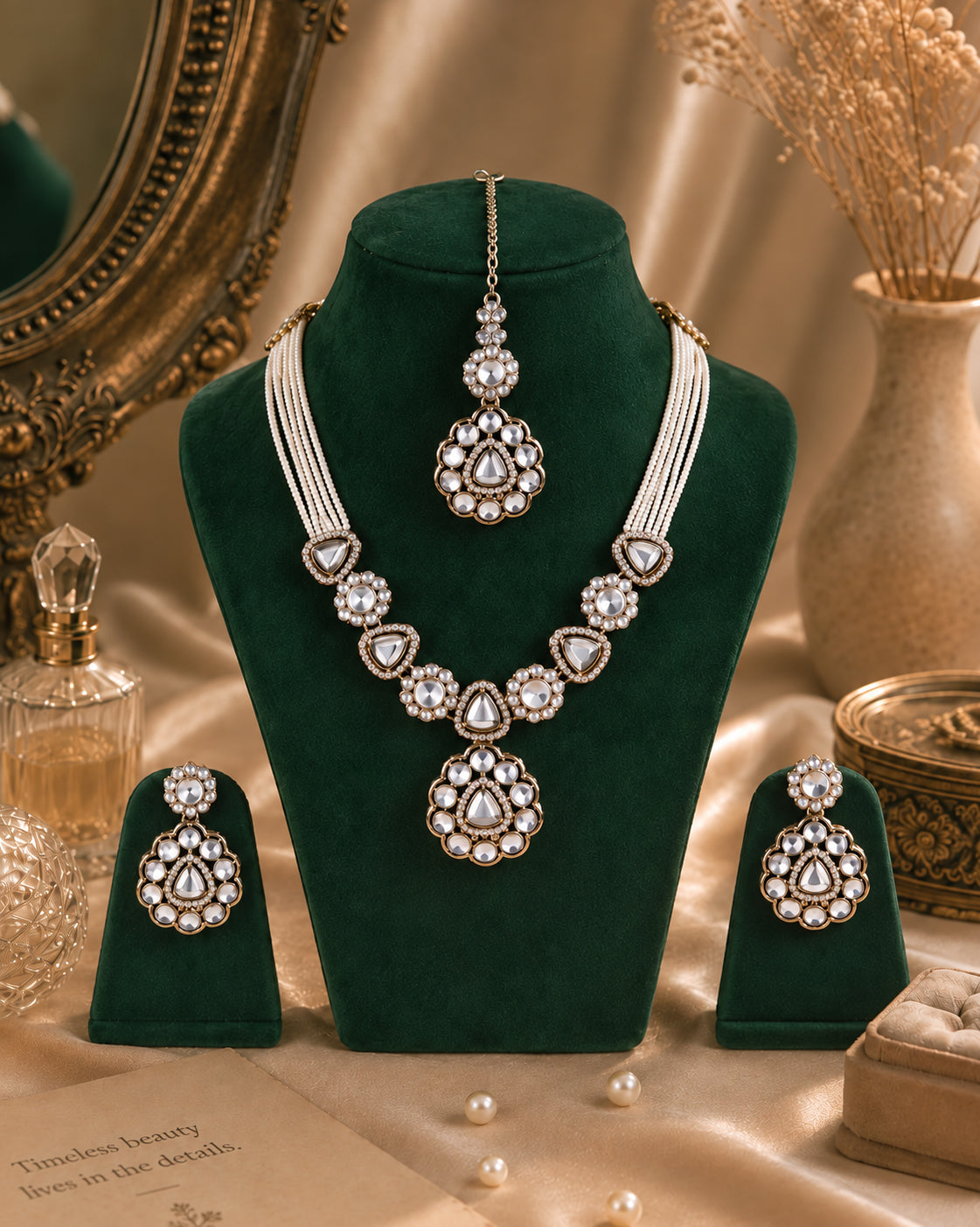 White Jasneet Premium Zircone Polki Dupe Necklace Set With Earrings & Teeka