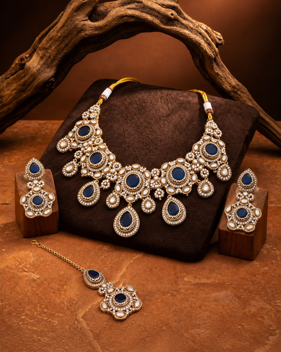 Blue Aarzohi Premium Sabya Inspired Necklace Set with Earring & Teeka