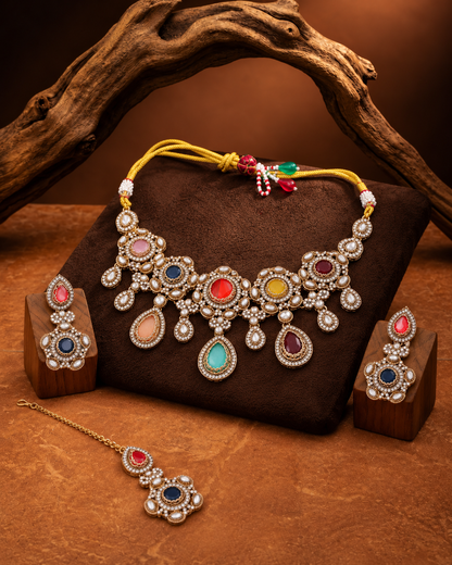 Multi Aarzohi Premium Sabya Inspired Necklace Set with Earring & Teeka