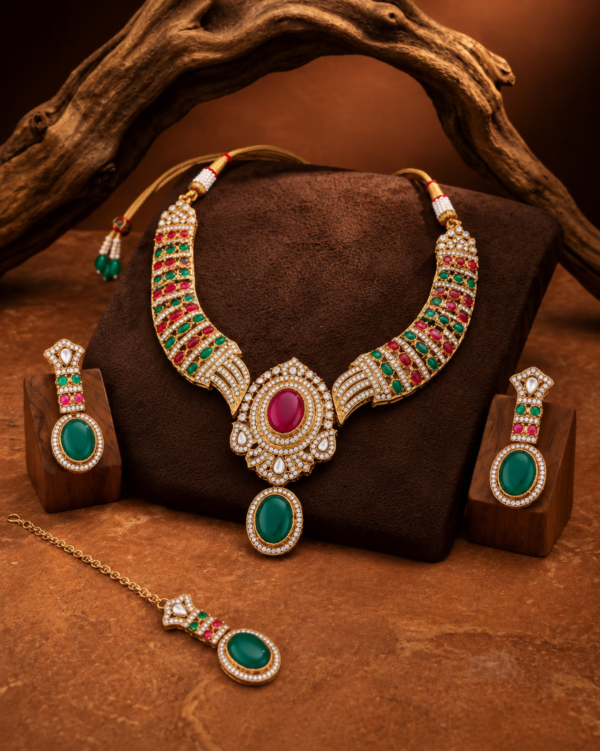 Green Pink Saumili Premium Sabya Inspired Necklace Set with Earring & Teeka