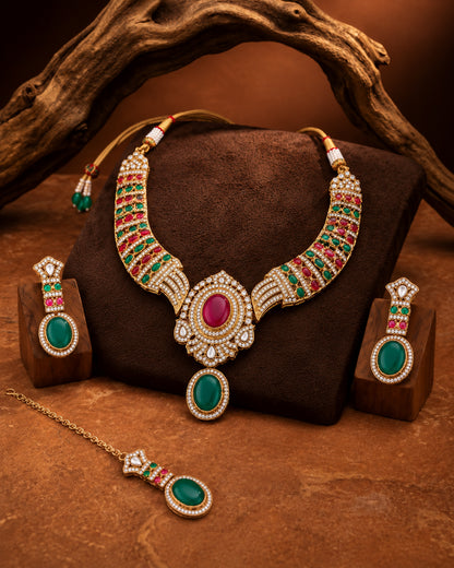 Green Pink Saumili Premium Sabya Inspired Necklace Set with Earring & Teeka