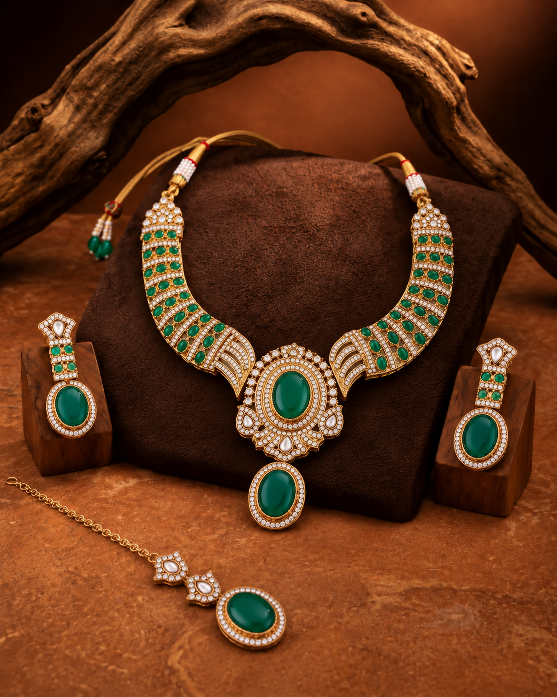 Green Saumili Premium Sabya Inspired Necklace Set with Earring & Teeka